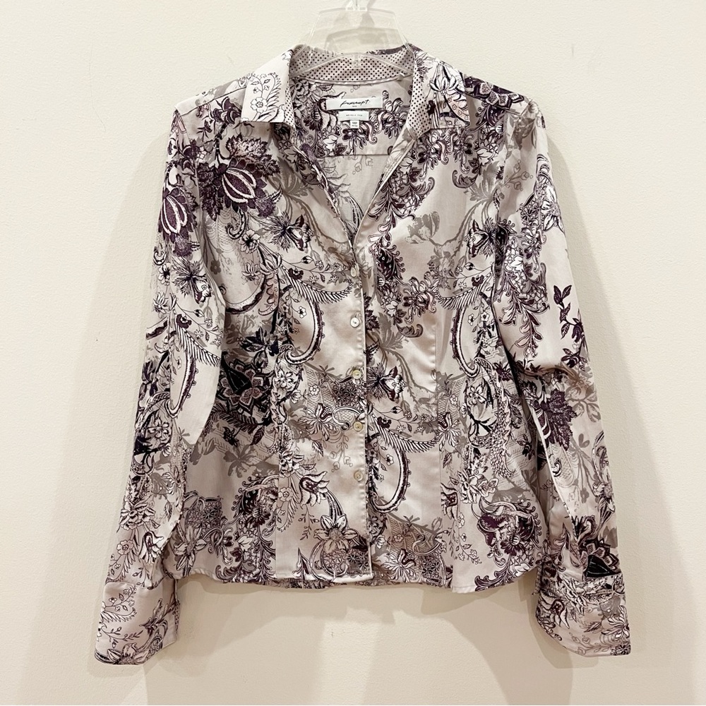 Foxcroft Wrinkle Free Shirt Women 14 Petite Floral Paisley Long Sleeve Flip Cuff